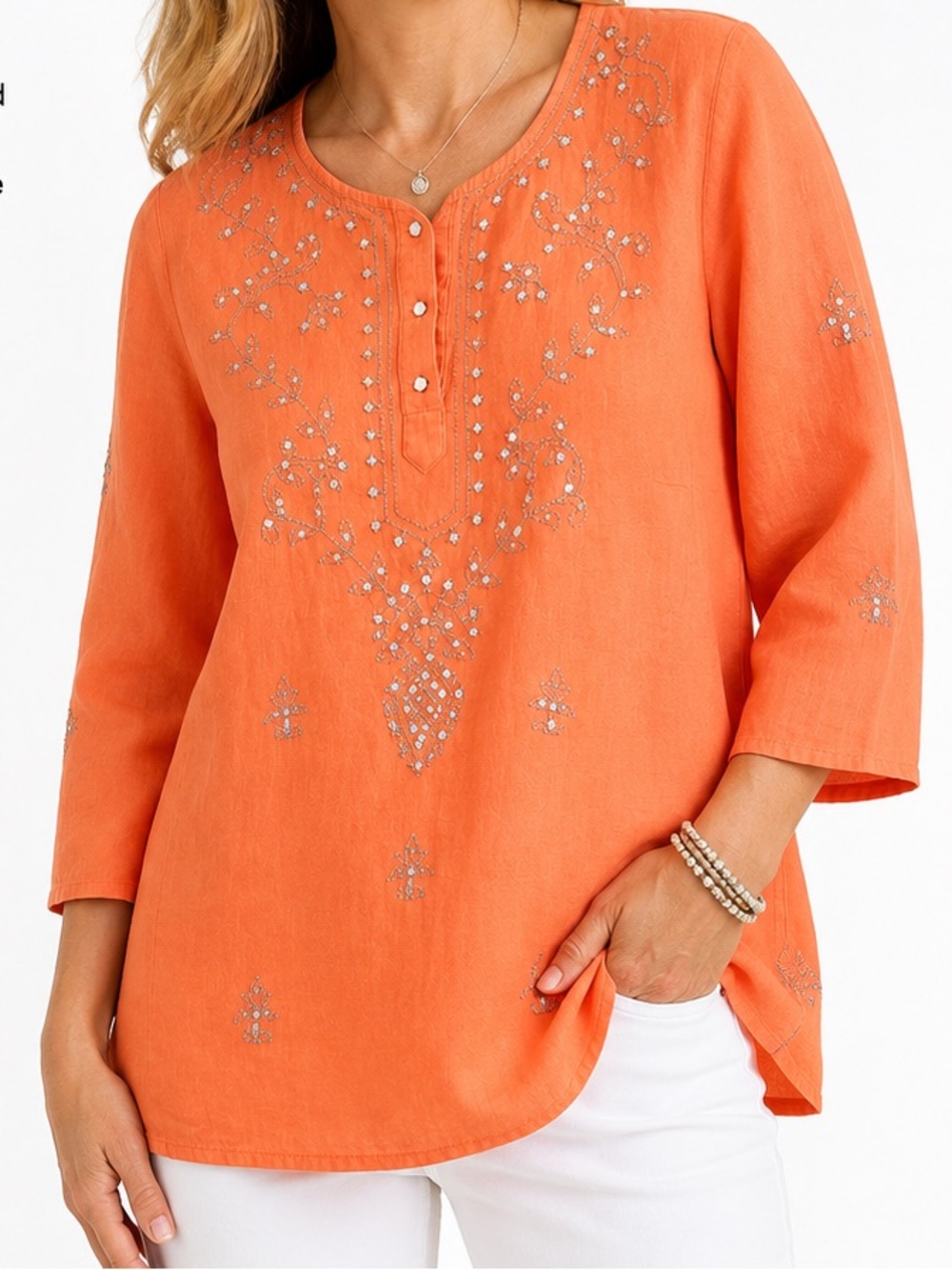 Edward 100% Linen Embellished Tunic Top Coral Orange XL Beaded 3/4 Sleeve
